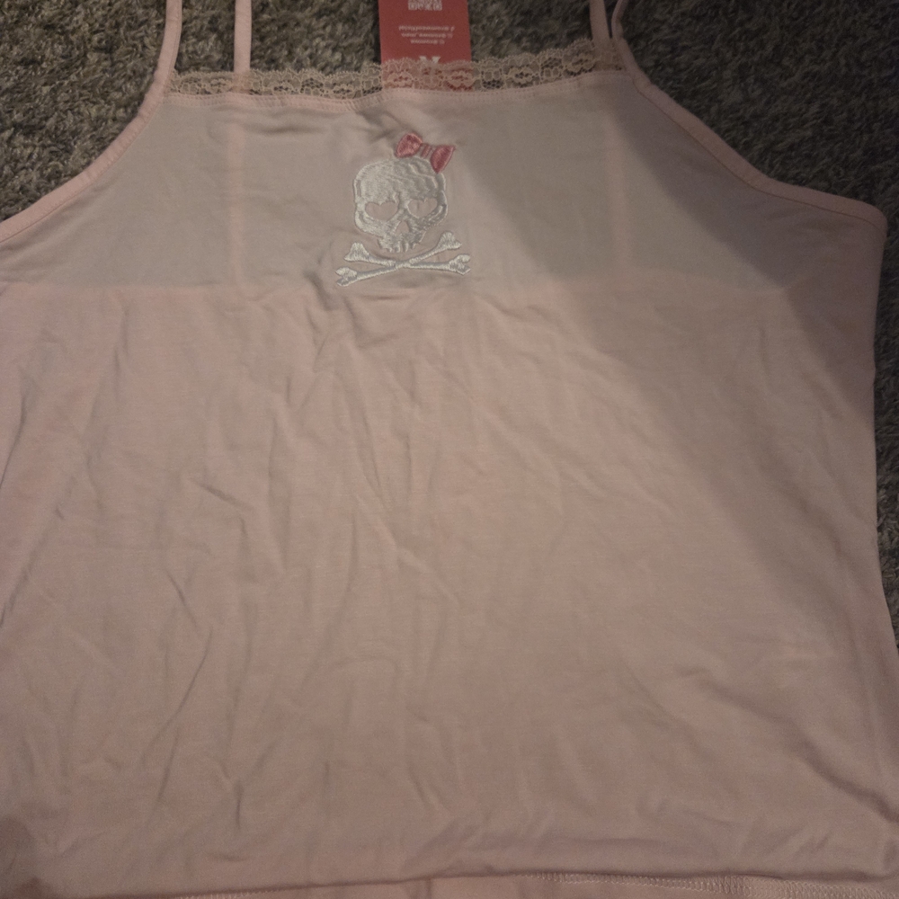 ROMWE Light Pink Skull Embroidered Tank